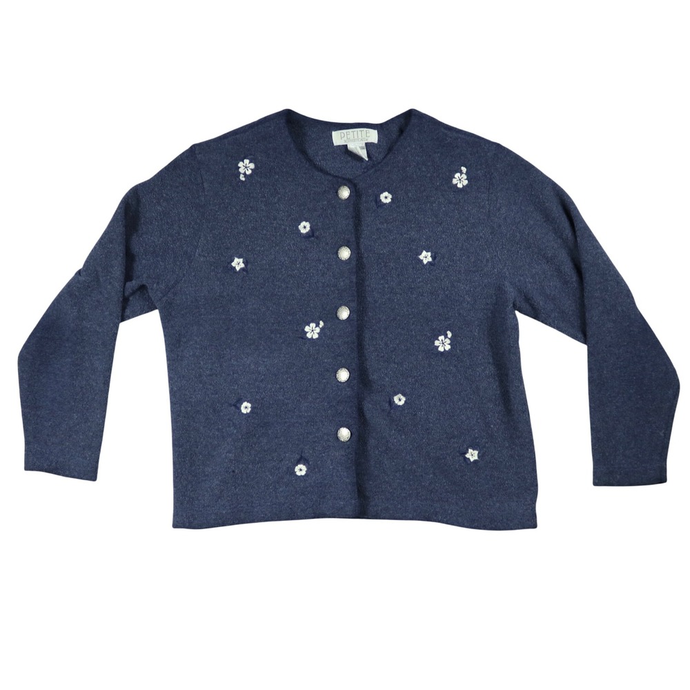 Petite Sophisticate Navy Blue Floral Embroidered Button Front Cardigan Sweater S